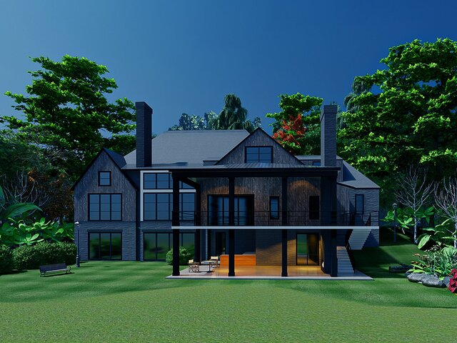 3D model of The Timber & Stone Estate A Luxury Modern Farmhouse and Craftsman Residence Featuring Sophisticated Dark Brick, Warm Wood Siding, and Photorealistic High-End Architectural Visualization
