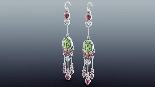 3D model of Pair of Cabochon Gemstone Earrings in 14K White Gold