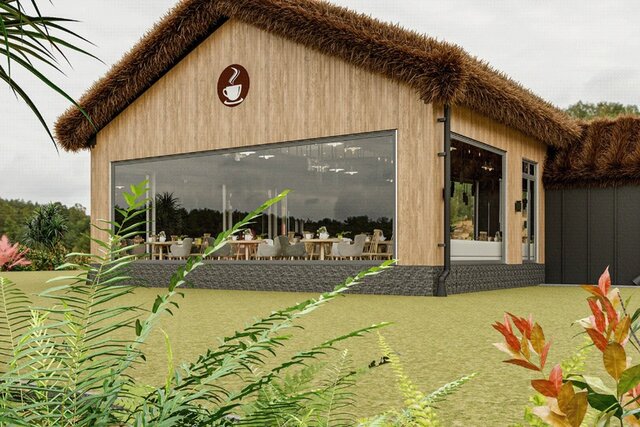 3D model of coffee shop exterior and shopfronts