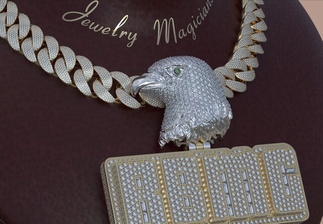 Iced Eagle Head Nameplate Pendant with Pavé Cuban Link Chain