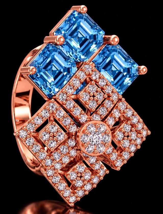 Luxury Geometric Blue Gemstone Diamond Ring – image 6 of 6