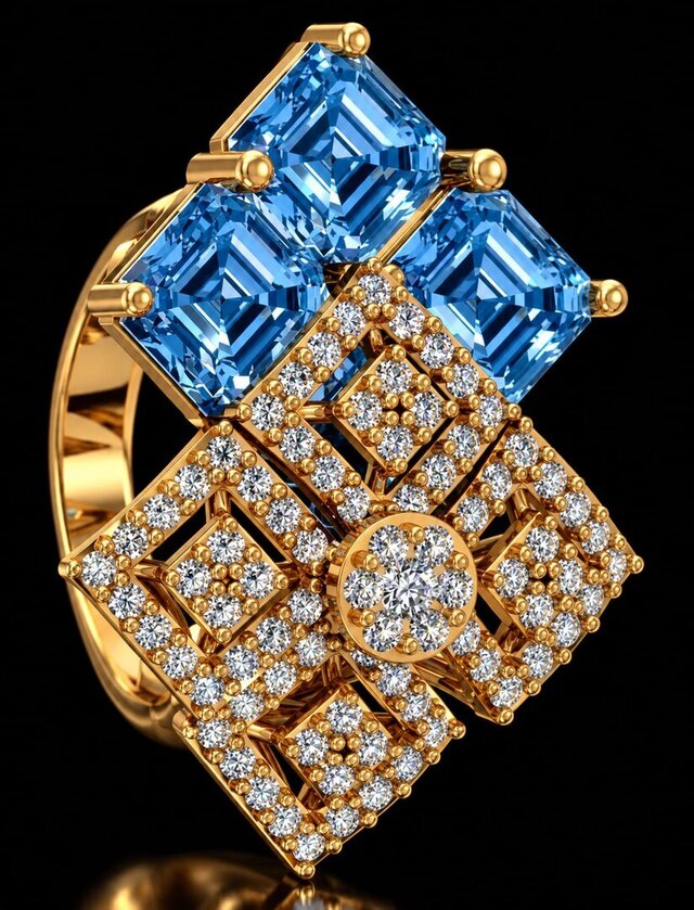 Luxury Geometric Blue Gemstone Diamond Ring – image 4 of 6
