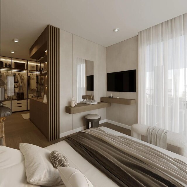 Lux Apartment Interior | Stepped Ceiling, Oak Joinery and Travertine Island – image 4 of 4