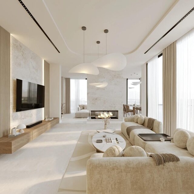 Lux Apartment Interior | Stepped Ceiling, Oak Joinery and Travertine Island – image 1 of 4