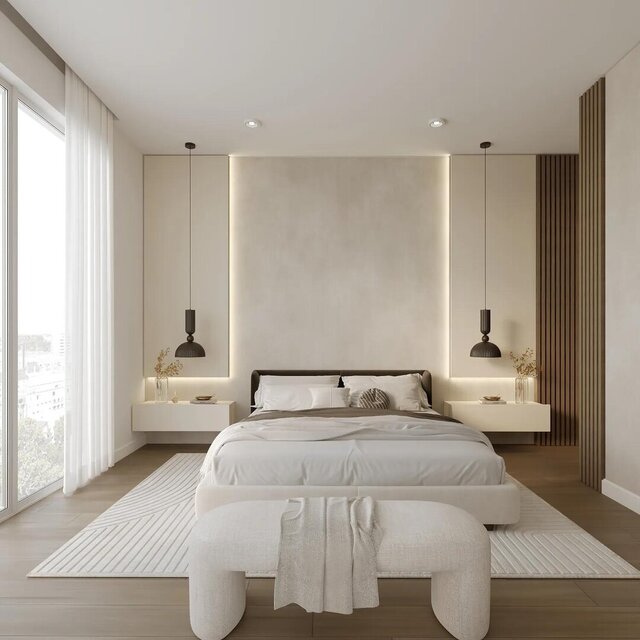 Lux Apartment Interior | Stepped Ceiling, Oak Joinery and Travertine Island – image 2 of 4