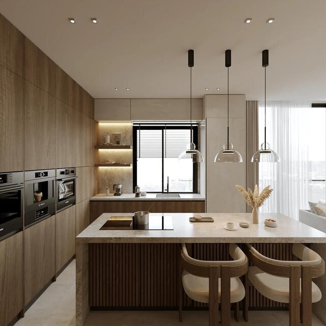 Lux Apartment Interior | Stepped Ceiling, Oak Joinery and Travertine Island – image 3 of 4