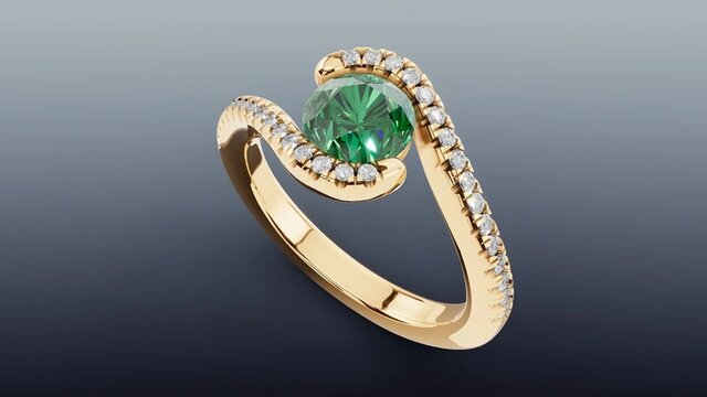 3D model of Round Emerald Bypass Ring with French-Set Diamonds in 14K Yellow Gold