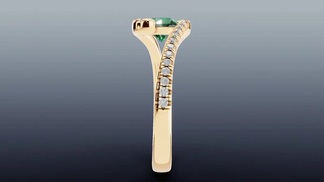 Round Emerald Bypass Ring with French-Set Diamonds in 14K Yellow Gold