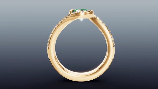 3D model of Round Emerald Bypass Ring with French-Set Diamonds in 14K Yellow Gold