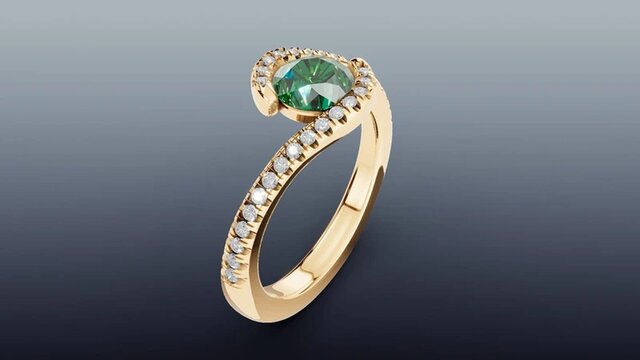 3D model of Round Emerald Bypass Ring with French-Set Diamonds in 14K Yellow Gold