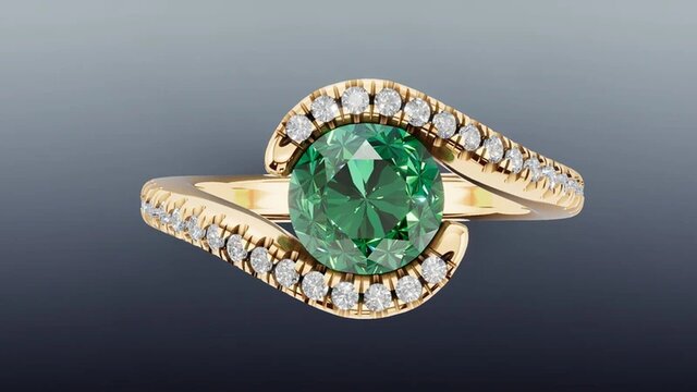 3D model of Round Emerald Bypass Ring with French-Set Diamonds in 14K Yellow Gold