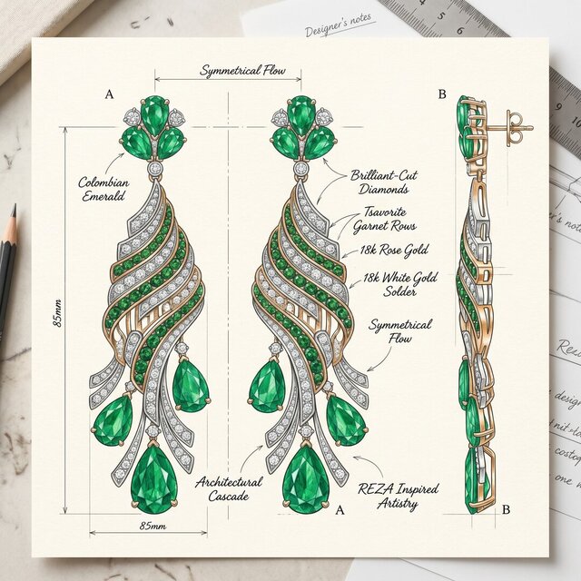 3D model of Luxury Jewelry Collection: From Technical Sketch to Hyper-Realistic 3D Render