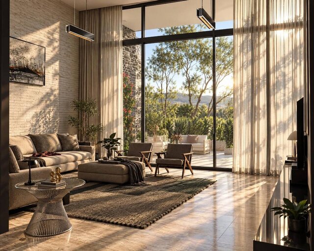 SMA Villa Interior | Double-Height Living Room in Board-Marked Concrete and Walnut – image 3 of 4