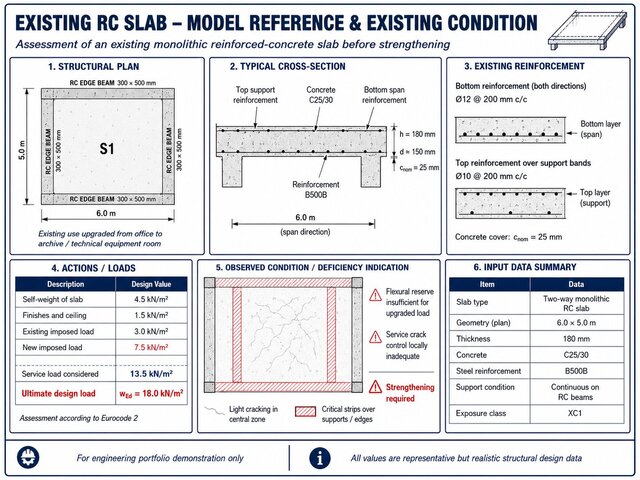 Existing reinforced-concrete monolithic slab assessment and strengthening design.