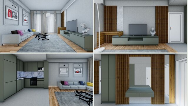 3D model of 46m² Apartment Interior Design & Furniture Documentation