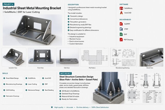 Industrial Sheet Metal Mounting Bracket | SolidWorks | DXF for Laser Cutting