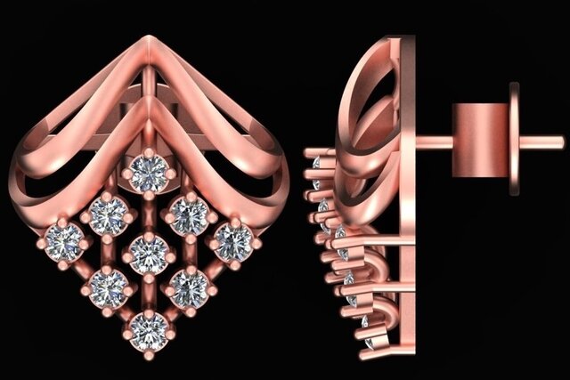 Geometric Diamond Cluster Stud Earrings – Rose Gold – 3D CAD Model