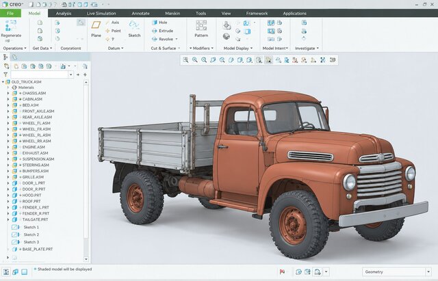 3D model of Vintage Truck 3D CAD Modeling & Assembly Design in PTC Creo 10