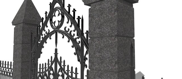 Gothic Iron Fence Gate with Stone Pillars