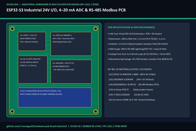 Industrial KiCad 10 PCB Design — ESP32-S3 24V Opto-Isolated I/O, 4-20mA ADC & RS-485 Modbus – image 1 of 1