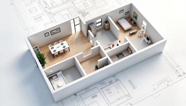 3D model of Modern Residential 2D Floor Plan & 3D Interior Layout