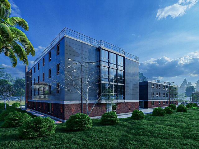 Photorealistic 3D Exterior Rendering of a Modern Commercial Facility with Sleek Metal Cladding and Brick Facade  Professional Architectural Visualization