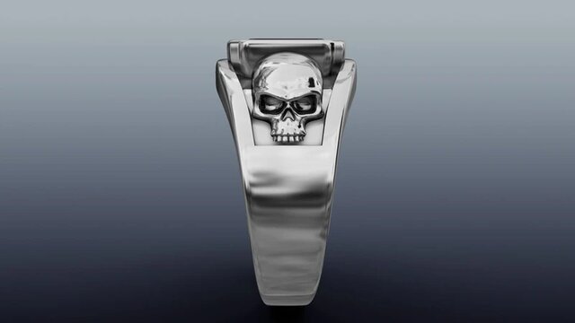 3D model of Gothic Skull Ring in Platinum with Bezel-Set Emerald-Cut Onyx