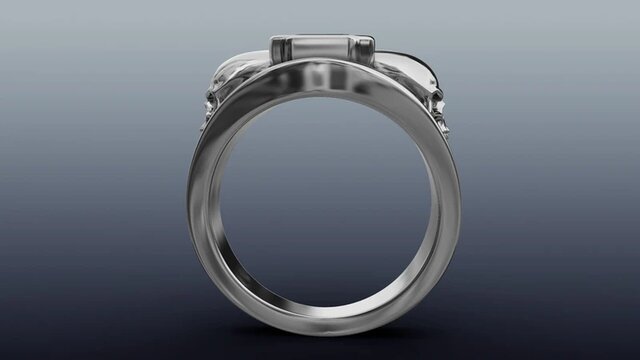 3D model of Gothic Skull Ring in Platinum with Bezel-Set Emerald-Cut Onyx