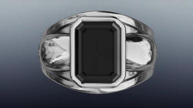3D model of Gothic Skull Ring in Platinum with Bezel-Set Emerald-Cut Onyx