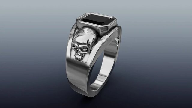 3D model of Gothic Skull Ring in Platinum with Bezel-Set Emerald-Cut Onyx