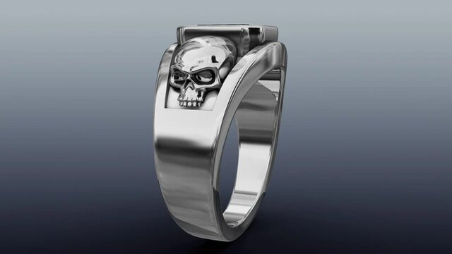 3D model of Gothic Skull Ring in Platinum with Bezel-Set Emerald-Cut Onyx