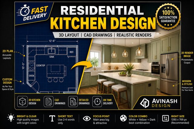 3D model of Modern kitchen transformation | 2D to Isometric 3D