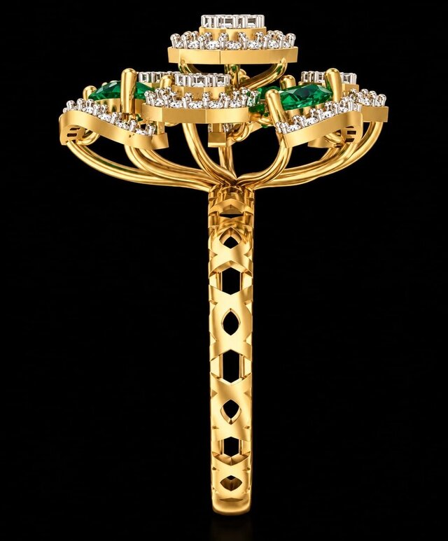 Luxury Floral Diamond & Emerald Statement Ring | 3D Jewellery CAD – image 4 of 5