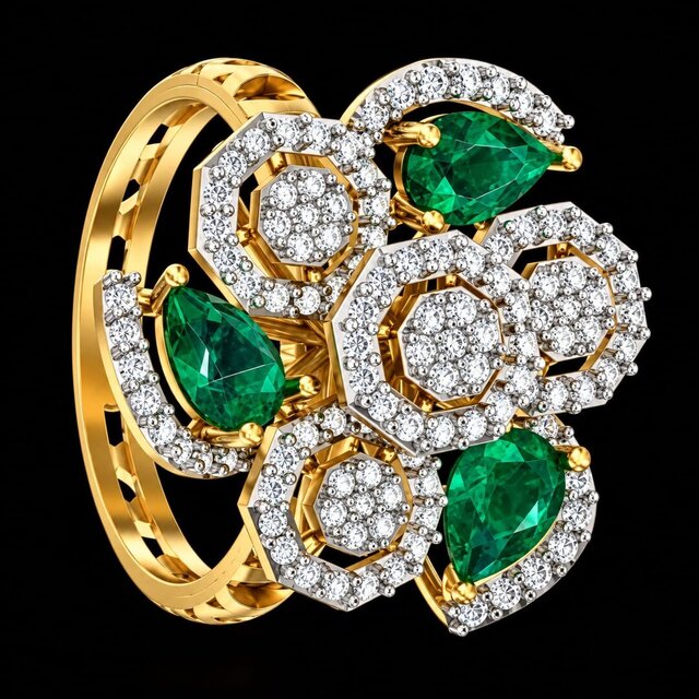 Luxury Floral Diamond & Emerald Statement Ring | 3D Jewellery CAD – image 3 of 5