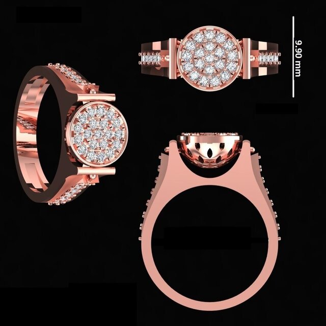 Round Diamond Cluster Ring – Pave Band | Rose Gold | 3D CAD Design