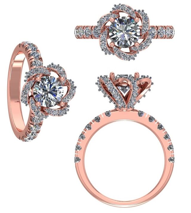 Floral Halo Diamond Engagement Ring – Round Cut – 3D CAD Model