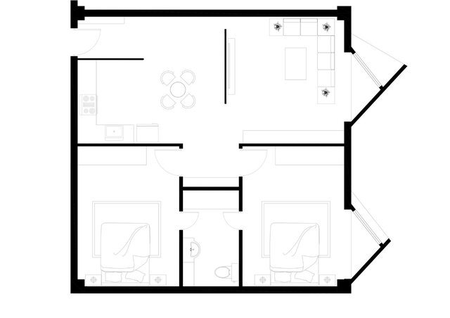 3D model of Multi-Type Residential Floor Plans (1, 2 & 3 Bedroom Layouts)