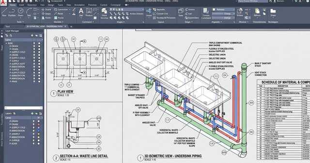 3D model of Commercial Kitchen 3D Isometric Plumbing & Drainage Schematic