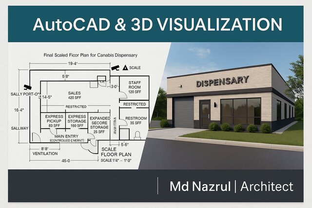 AutoCAD Floor Plan & 3D Visualization – Modern Commercial Building