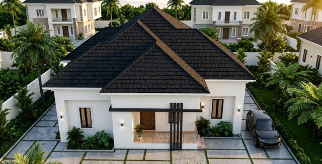 front  and right view of  a four bedroom flat bungalow – image 2 of 2