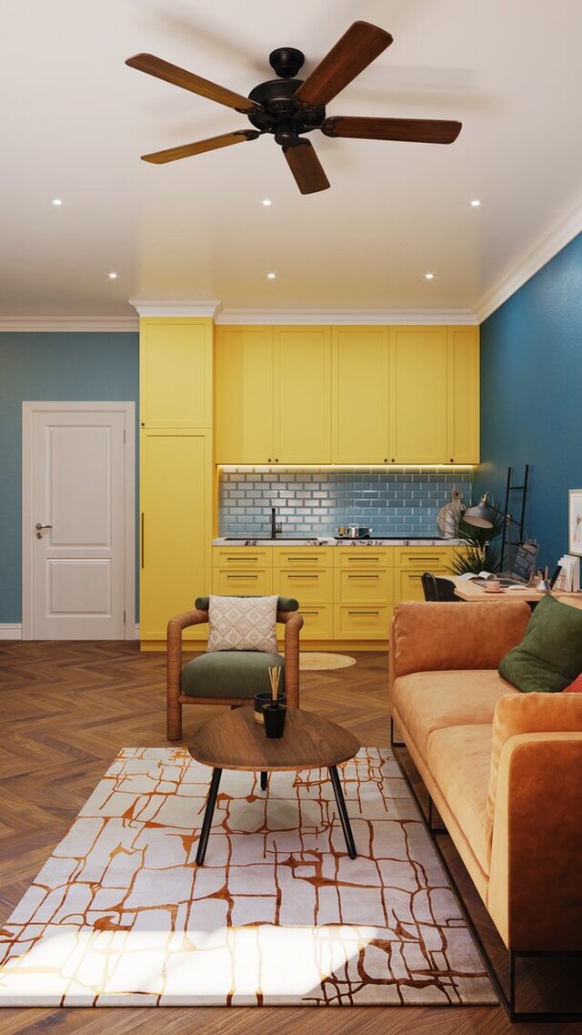 Vibrant Open‑Plan Kitchen & Living Room with Bold Color Accents