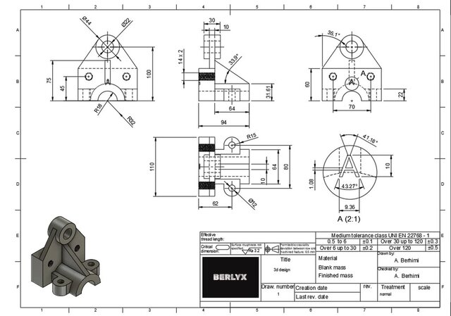 3D model of Mechanical Bracket – 2D Technical Drawing & CAD Documentation