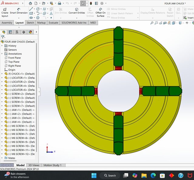 3D model of FOUR JAW CHUCK ASSY IN SOLIDWORKS