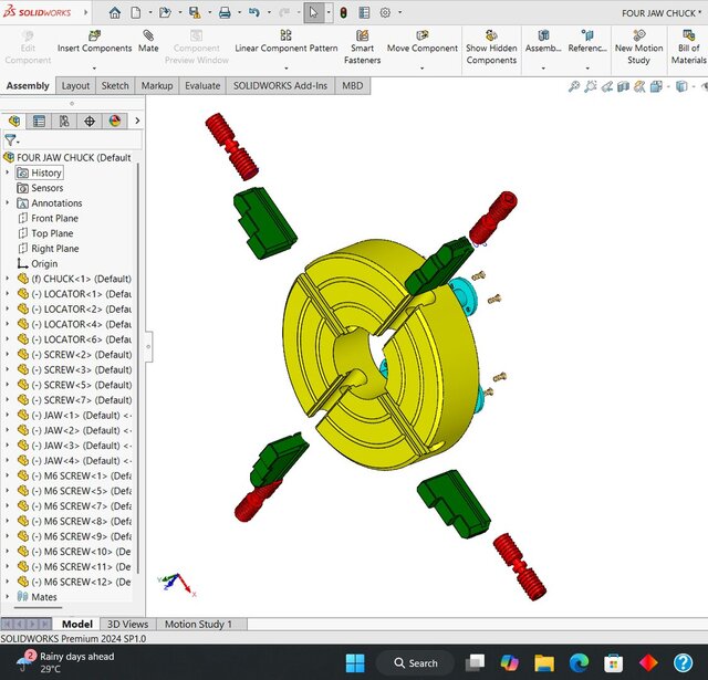 3D model of FOUR JAW CHUCK ASSY IN SOLIDWORKS