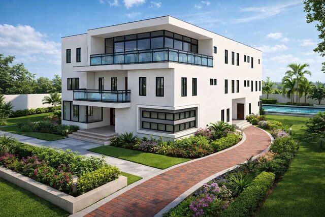 Architectural design and rendering of a residential building