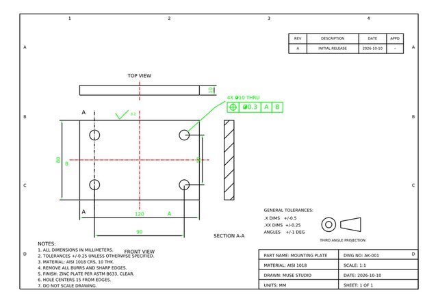 Mounting Plate — Professional 2D Engineering Drawing (REV A) – image 1 of 1