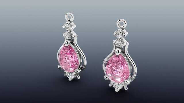 3D model of Pair of Pink Tourmaline Earrings in 14K White Gold with Melee Diamonds