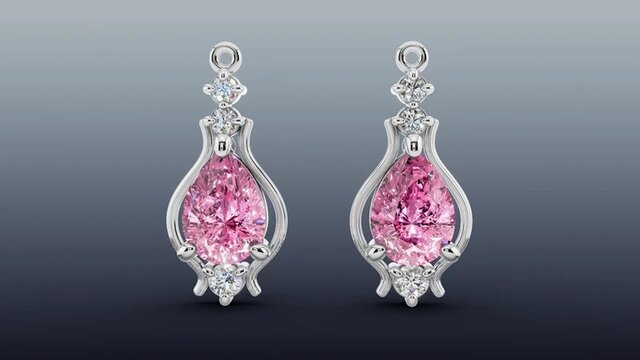 3D model of Pair of Pink Tourmaline Earrings in 14K White Gold with Melee Diamonds