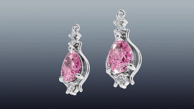 3D model of Pair of Pink Tourmaline Earrings in 14K White Gold with Melee Diamonds