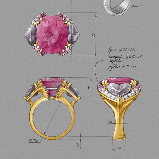 3D model of Custom Cocktail Ring: 2D Sketch to 3D CAD